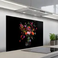 KitchenYeah Spatscherm 100x65 cm - Zelfklevende achterwand Boeket - Veldbloemen - Vaas - Keuken muurbeschermer - Spatwand fornuis