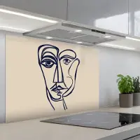 KitchenYeah Spatscherm 80x55 cm - Zelfklevende achterwand Minimalistisch - Lijnillustratie - Beige - Donkerblauw - Keuken muurbeschermer - Spatwand fornuis