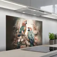 KitchenYeah Spatscherm 100x65 cm - Zelfklevende achterwand Papegaaien - Vogels - Natuur - Bloemen - Keuken muurbeschermer - Spatwand fornuis