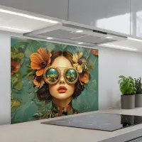 KitchenYeah Spatscherm 80x60 cm - Zelfklevende achterwand Vrouw - Bloemen - Vlinders - Natuur - Vintage - Keuken muurbeschermer - Spatwand fornuis
