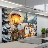 KitchenYeah Spatscherm 120x80 cm - Zelfklevende achterwand Kerstdorp - Huizen - Sneeuw - Kerst - Keuken muurbeschermer - Spatwand fornuis