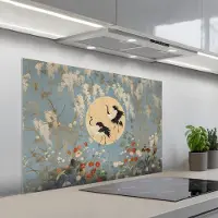 KitchenYeah Spatscherm 100x65 cm - Zelfklevende achterwand Kraanvogels - Maan - Bloemen - Blauw - Keuken muurbeschermer - Spatwand fornuis