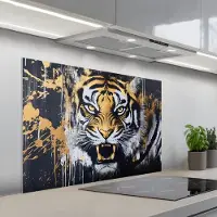 KitchenYeah Spatscherm 100x65 cm - Zelfklevende achterwand Tijger - Verfspatten - Goud - Keuken muurbeschermer - Spatwand fornuis