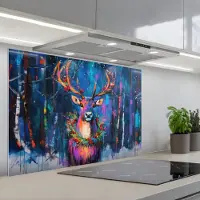 KitchenYeah Spatscherm 80x55 cm - Zelfklevende achterwand Rendier - Krans - Sprookjesachtig - Blauw - Keuken muurbeschermer - Spatwand fornuis