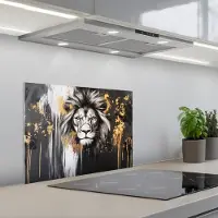 KitchenYeah Spatscherm 60x45 cm - Zelfklevende achterwand Leeuw - Portret - Verfspatten - Grijs - Keuken muurbeschermer - Spatwand fornuis