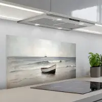 KitchenYeah Spatscherm 100x50 cm - Zelfklevende achterwand Roeiboot - Zee - Horizon - Keuken muurbeschermer - Spatwand fornuis
