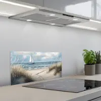 KitchenYeah Spatscherm 70x30 cm - Zelfklevende achterwand Zee - Zeilboot - Strand - Duinen - Vintage - Keuken muurbeschermer - Spatwand fornuis