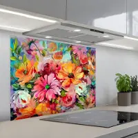 KitchenYeah Spatscherm 80x60 cm - Zelfklevende achterwand Bloemen - Kleurrijk - Kunst - Olieverf - Keuken muurbeschermer - Spatwand fornuis