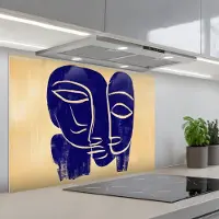 KitchenYeah Spatscherm 80x55 cm - Zelfklevende achterwand Okergeel - Blauw - Eenvoudige lijnen - Keuken muurbeschermer - Spatwand fornuis