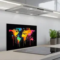 KitchenYeah Spatscherm 60x40 cm - Zelfklevende achterwand Wereldkaart - Verf - Kleurrijk - Graffiti - Wereld - Keuken muurbeschermer - Spatwand fornuis