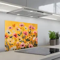 KitchenYeah Spatscherm 70x50 cm - Zelfklevende achterwand Bloemen - Veld - Geel - Keuken muurbeschermer - Spatwand fornuis