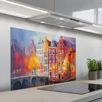 KitchenYeah Spatscherm 100x65 cm - Zelfklevende achterwand Grachtenpanden - Kunst - Schilderij - Amsterdam - Keuken muurbeschermer - Spatwand fornuis