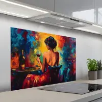 KitchenYeah Spatscherm 100x65 cm - Zelfklevende achterwand Wijn - Vrouw - Sfeervol - Kleurrijk - Keuken muurbeschermer - Spatwand fornuis