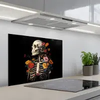 KitchenYeah Spatscherm 70x50 cm - Zelfklevende achterwand Skelet - Bloemen - Schedel - Kleurrijk - Keuken muurbeschermer - Spatwand fornuis