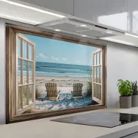 KitchenYeah Spatscherm 120x80 cm - Zelfklevende achterwand Doorkijk - Strandstoelen - Duinen - Zee - Natuur - Keuken muurbeschermer - Spatwand fornuis
