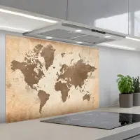 KitchenYeah Spatscherm 80x55 cm - Zelfklevende achterwand Wereldkaart - Beige - Bruin - Keuken muurbeschermer - Spatwand fornuis