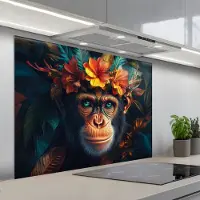 KitchenYeah Spatscherm 100x75 cm - Zelfklevende achterwand Chimpansee - Aap - Jungle - Bloemen - Dier - Keuken muurbeschermer - Spatwand fornuis