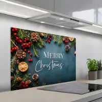 KitchenYeah Spatscherm 100x65 cm - Zelfklevende achterwand Merry Christmas - Blauw - Kerst - Winter - Keuken muurbeschermer - Spatwand fornuis