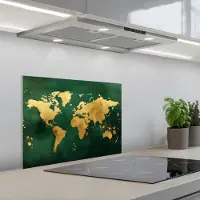 KitchenYeah Spatscherm 60x45 cm - Zelfklevende achterwand Wereldkaart - Groen - Goud - Keuken muurbeschermer - Spatwand fornuis
