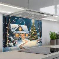 KitchenYeah Spatscherm 80x55 cm - Zelfklevende achterwand Kerst - Kerstboom - Winter - Huis - Sneeuw - Keuken muurbeschermer - Spatwand fornuis