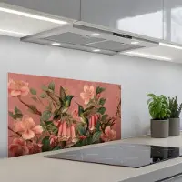 KitchenYeah Spatscherm 90x45 cm - Zelfklevende achterwand Kolibries - Bloemen - Groen - Roze - Keuken muurbeschermer - Spatwand fornuis