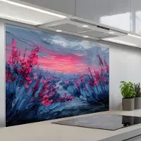 KitchenYeah Spatscherm 120x80 cm - Zelfklevende achterwand Schilderij - Zonsondergang - Bloemen - Rivier - Keuken muurbeschermer - Spatwand fornuis