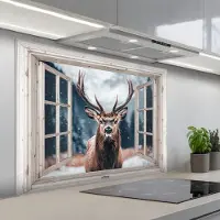 KitchenYeah Spatscherm 100x75 cm - Zelfklevende achterwand Hert - Dieren - Landschap - Winter - Sneeuw - Doorkijk - Natuur - Keuken muurbeschermer - Spatwand fornuis