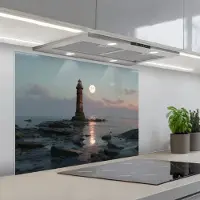 KitchenYeah Spatscherm 80x60 cm - Zelfklevende achterwand Vuurtoren - Stenen - Water - Maan - Keuken muurbeschermer - Spatwand fornuis