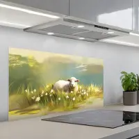 KitchenYeah Spatscherm 100x50 cm - Zelfklevende achterwand Schaap - Weide - Groen - Keuken muurbeschermer - Spatwand fornuis