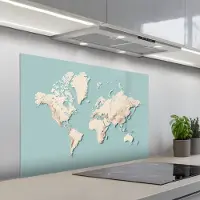 KitchenYeah Spatscherm 100x65 cm - Zelfklevende achterwand Wereldkaart - Beige - Blauw - Keuken muurbeschermer - Spatwand fornuis