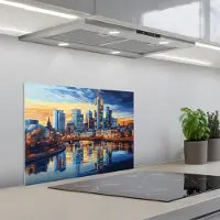 KitchenYeah Spatscherm 60x45 cm - Zelfklevende achterwand Zonsondergang Frankfurt - Stad - Skyline - Water - Keuken muurbeschermer - Spatwand fornuis