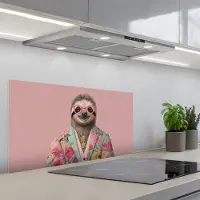 KitchenYeah Spatscherm 80x40 cm - Zelfklevende achterwand Luiaard - Bloemenprint - Bril - Roze - Keuken muurbeschermer - Spatwand fornuis
