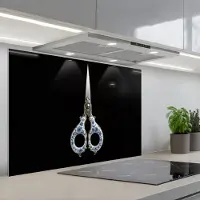 KitchenYeah Spatscherm 80x55 cm - Zelfklevende achterwand Schaar - Delfts blauw - Zwart - Keuken muurbeschermer - Spatwand fornuis