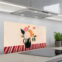 KitchenYeah Spatscherm 100x50 cm - Zelfklevende achterwand Vaas - Bloemen - Vlinder - Rood - Keuken muurbeschermer - Spatwand fornuis