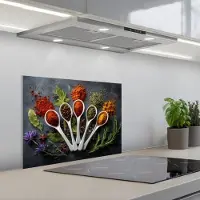 KitchenYeah Spatscherm 60x45 cm - Zelfklevende achterwand Lepels - Wit - Poeder - Kruiden - Keuken muurbeschermer - Spatwand fornuis