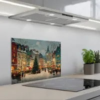 KitchenYeah Spatscherm 60x45 cm - Zelfklevende achterwand Kerstsfeer - Stadsplein - Kleurrijk - Keuken muurbeschermer - Spatwand fornuis