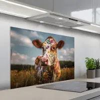 KitchenYeah Spatscherm 100x65 cm - Zelfklevende achterwand Koe - Bloemen - Weiland - Keuken muurbeschermer - Spatwand fornuis