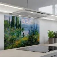 KitchenYeah Spatscherm 80x60 cm - Zelfklevende achterwand Bloemen - Meer - Bergen - Groen - Keuken muurbeschermer - Spatwand fornuis