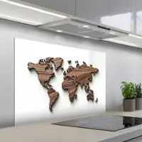 KitchenYeah Spatscherm 100x65 cm - Zelfklevende achterwand Wereldkaart - Hout - Elegant - Keuken muurbeschermer - Spatwand fornuis