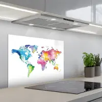 KitchenYeah Spatscherm 70x50 cm - Zelfklevende achterwand Wereldkaart - Regenboog - Aquarel - Keuken muurbeschermer - Spatwand fornuis