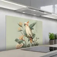 KitchenYeah Spatscherm 100x65 cm - Zelfklevende achterwand Gele kuifkaketoe - paradijsvogelbloemen - Groen - Keuken muurbeschermer - Spatwand fornuis