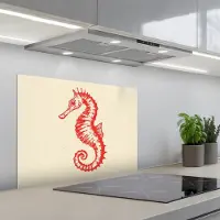 KitchenYeah Spatscherm 70x50 cm - Zelfklevende achterwand Zeepaardje - Rood - Fijne details - Keuken muurbeschermer - Spatwand fornuis