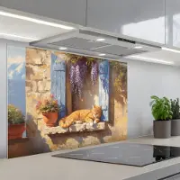 KitchenYeah Spatscherm 80x55 cm - Zelfklevende achterwand Kat - Stenen vensterbank - Bloemen - Keuken muurbeschermer - Spatwand fornuis