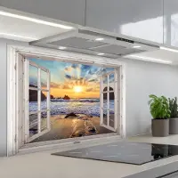KitchenYeah Spatscherm 80x55 cm - Zelfklevende achterwand Strand - Doorkijk - Zonsondergang - Landschap - Zee - Natuur - Keuken muurbeschermer - Spatwand fornuis
