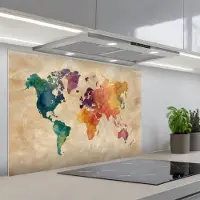 KitchenYeah Spatscherm 90x60 cm - Zelfklevende achterwand Wereldkaart - Regenboog aquarel - Papierstructuur - Keuken muurbeschermer - Spatwand fornuis