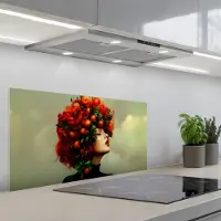 KitchenYeah Spatscherm 90x45 cm - Zelfklevende achterwand Vrouw - Appels - Rood - Bladeren - Keuken muurbeschermer - Spatwand fornuis