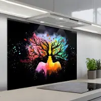 KitchenYeah Spatscherm 100x75 cm - Zelfklevende achterwand Gezichten - Silhouetten - Kleurrijk - Takken - Keuken muurbeschermer - Spatwand fornuis