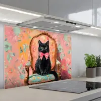 KitchenYeah Spatscherm 80x55 cm - Zelfklevende achterwand Kat - Roze - Stoel met bloemenmotief - Keuken muurbeschermer - Spatwand fornuis
