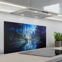 KitchenYeah Spatscherm 100x50 cm - Zelfklevende achterwand Stad Kuala Lumpur - Skyline - Wolkenkrabbers - Water - Keuken muurbeschermer - Spatwand fornuis