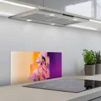 KitchenYeah Spatscherm 70x30 cm - Zelfklevende achterwand Abstract - Portret - Vrouw - Kleurrijk - Keuken muurbeschermer - Spatwand fornuis